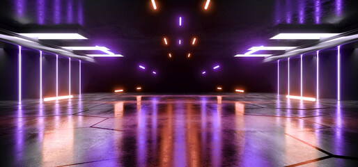 Futuristic Neon Laser Lines Glowing Orange Blue Purple Orange White VIbrant Synth Cement Concrete Underground Warehouse Garage Studio Empty Showcase Tunnel Corridor Background 3D Rendering