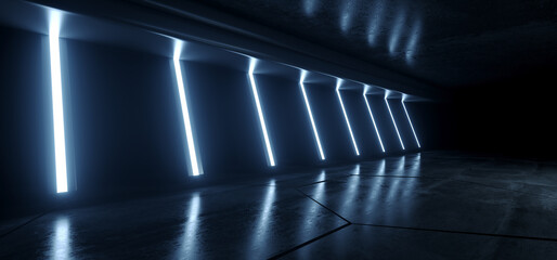 Futuristic Neon Laser Lines Glowing Blue VIbrant Synth Cement Concrete Underground Warehouse Garage Studio Empty Showcase Tunnel Corridor Background 3D Rendering