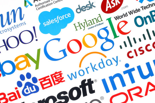KIEV, UKRAINE - MAY 12, 2015:Collection of popular internet companies printed on paper:Google, Yahoo, Adobe, eBay, Microsoft and others on white background