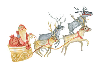 Santa's reindeer sled flies into the Christmas sky in an isolated image