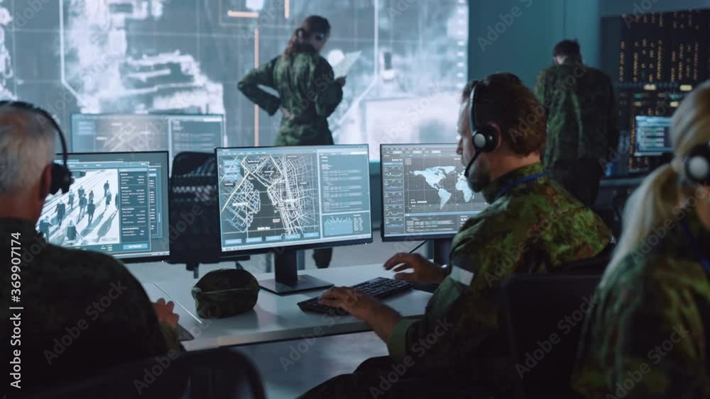 Poster Military Surveillance Officer Working on a City Tracking Operation in a Central Office Hub for Cyber Control and Monitoring for Managing National Security, Technology and Army Communications.