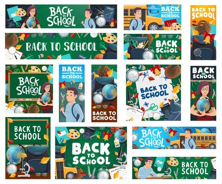 Back to school, education vector design with teachers, students and school supplies. Book, pencil, pen and blackboard, globe, pupil bag, calculator, chalkboard and microscope, bus and diploma banners