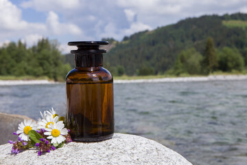 Obraz premium Set of brown bottles with essential and cosmetic oils, fresh herbs and flowers, aromatherapy - Phytotherapy.
