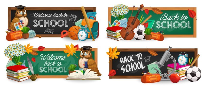 School blackboards, education vector banners. Back to school typography, cartoon green and black chalkboards with learning stuff and schoolbag, ball and owl, books and leaves, flowers and microscope
