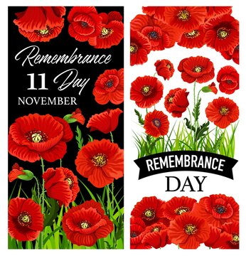 Remembrance Day red poppy vector banners of World War Armistice Day design. November memorial anniversary cards with poppy flowers and black ribbons, floral wreath of wildflower blossom