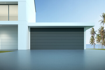 3D rendering of luxury modern house with garage on sea background.