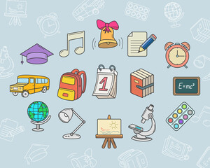School Icons set - Vector color symbols and outline of education accessories for the site or interface