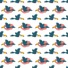Pattern with flying toucans. Vector seamless texture.
