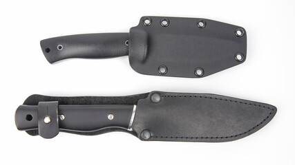 knife for camping and hunting in a plastic and leather case on a white background. cutting tool.