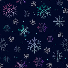 Seamless vector illustration. Snowflakes on a dark background.