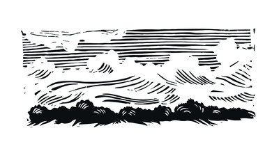 Linocut landscape. Illustration of nature. Clouds linocut. Black and white illustration of a cloud.