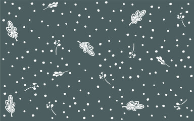 Gray background with leaf elements and dots. Vector white lino print on a gray background. Pattern of white dots on a gray background. Vegetable pattern with dots.