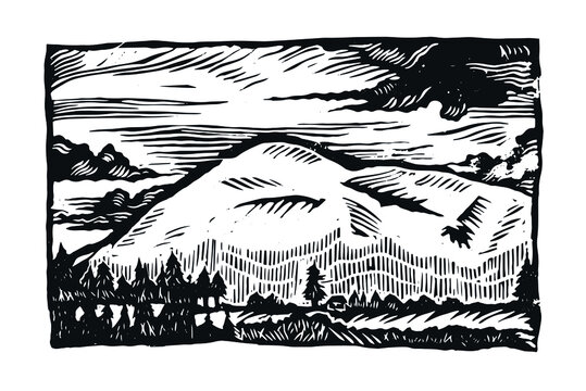 Linocut landscape. Illustration of nature. Clouds and mountains linocut. Black and white illustration of a mountain.