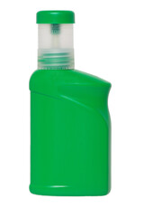 Close-up of a green plastic bottle for pest control on vegetables with measuring cup for dosing for organic farming.