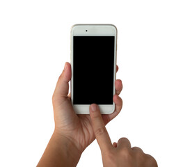 Female hands holding phone in vertical position, isolated on white background. Clipping path