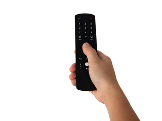 Hand holding with multimedia tv remote control isolated on white background with clipping path.