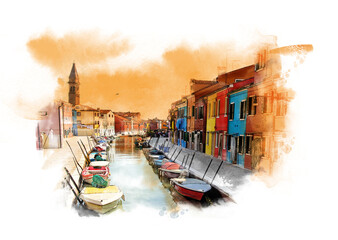 Burano island, Venice, Italy. Watercolor sketch - obrazy, fototapety, plakaty