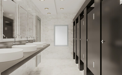 Contemporary interior of public toilet. 3D rendering.. Blank paintings.  Mockup.