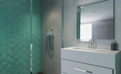 Spacious bathroom in gray tones with heated floors, freestanding tub. 3D rendering.