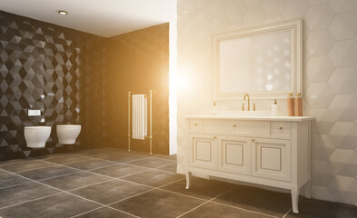 Bright new bathroom interior. 3D rendering.. Sunset.