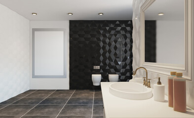 Abstract  toilet and bathroom interior for background. 3D rendering.. Mockup.   Empty paintings