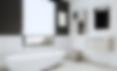 Unfocused, Blur phototography. view of the bath with a large window covered with a curtain. 3D rendering. Mockup. Blank paintings.