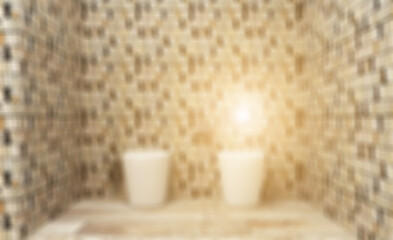 Fototapeta na wymiar Unfocused, Blur phototography. Modern bathroom including bath and sink. 3D rendering.. Sunset.