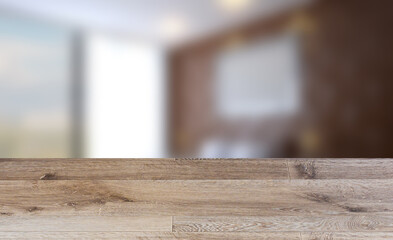 Empty interior with large window. Retro light bulb. The floor is of brown parquet.  3D rendering. wooden table. blurred background