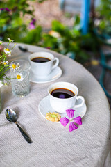 coffee and breakfast on the table tea party break outdoor food background top view copy space for text organic healthy eating