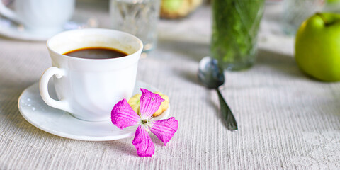 coffee and breakfast on the table tea party break outdoor food background top view copy space for text organic healthy eating