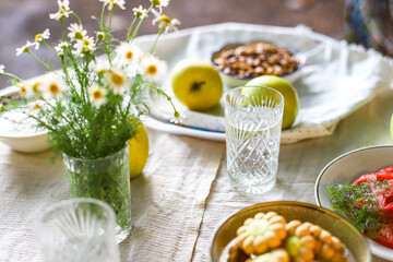 coffee and breakfast on the table tea party break outdoor food background top view copy space for text organic healthy eating