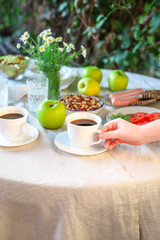 coffee and breakfast on the table tea party break outdoor food background top view copy space for text organic healthy eating