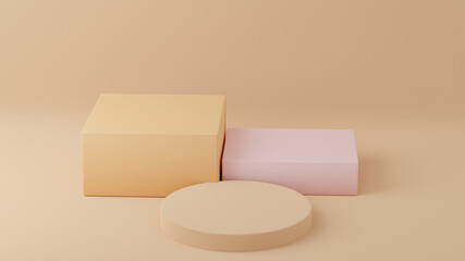 3d illustration with geometric three step white cylinder podium platform for cosmetic pedestal product presentation.Mock up design empty space. Abstract composition in pastel background.