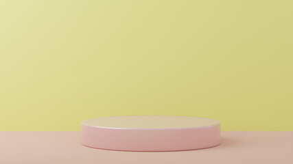 Pink cylinder podiums yellow background. Abstract pedestal scene with geometrical. Scene show cosmetic products presentation. Mock up design empty space. Showcase,shopfront,display case,3d render