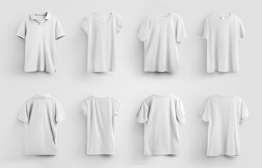 Set of white mens and womens T-shirts and polos isolated on background, for use in advertising and presentation of design, pattern.