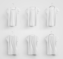 Female white T-shirt template hanging on metal, plastic hangers, isolated on background.
