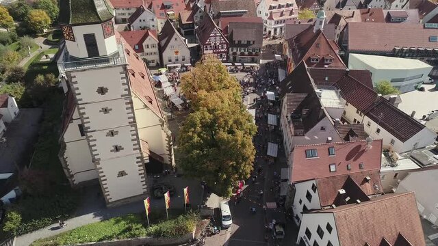 Drone flight in German city Weilheim an der Teck - View on church