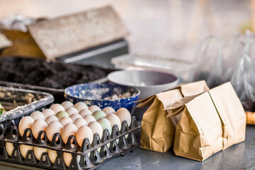 Blurred abstract background of gardening equipment, salted egg making using a mixture of (chalk, salt, duck egg, clean water) as an ingredient.