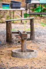 Blurred abstract background of traditional tools used for milling rice, used in rural agricultural plots.