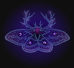 Detailed dots butterfly moth with mythic elements and antlers