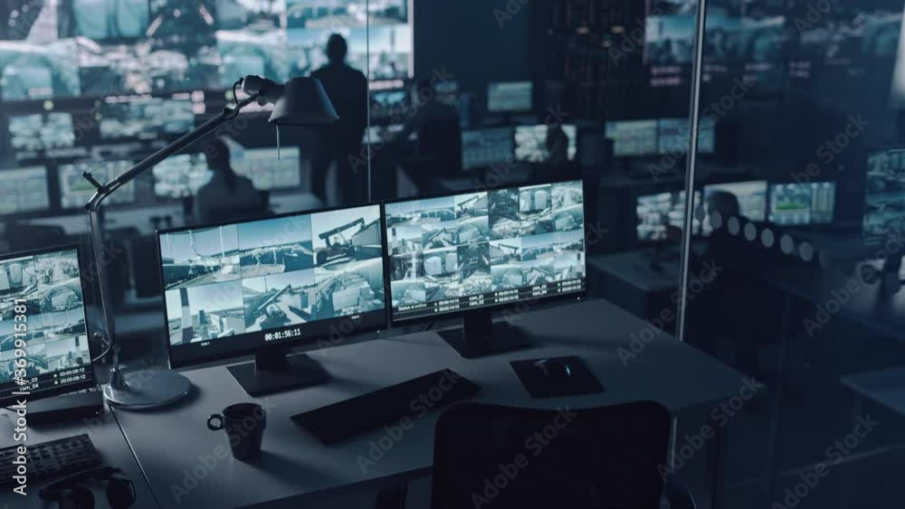 Poster Two Digital Computer Screens with Surveillance CCTV Video Footage in a Harbour Monitoring Center with Multiple Cameras on a Big Digital Screen. Employees Sit in Front of Displays with Big Data