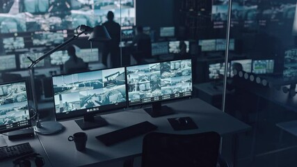 Two Digital Computer Screens with Surveillance CCTV Video Footage in a Harbour Monitoring Center with Multiple Cameras on a Big Digital Screen. Employees Sit in Front of Displays with Big Data