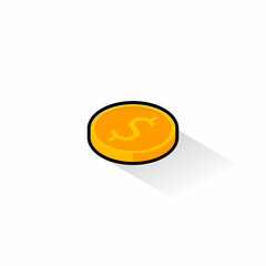 Gold coin left view Black Stroke & Shadow icon vector isometric.