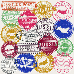 Fototapeta premium Saint Petersburg Russia Set of Stamps. Travel Stamp. Made In Product. Design Seals Old Style Insignia.