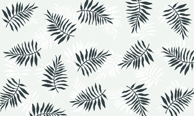 Pattern with black lino palm print on gray background. Black palm branches pattern.