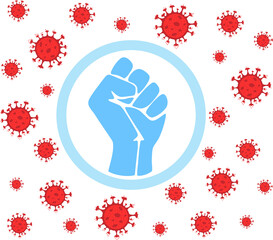 The gloved hand clenched into a fist. Humanity is fighting a virus and a pandemic. Vector flat illustration.