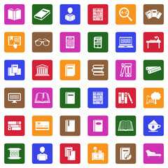 Books And Reading Icons. White Flat Design In Square. Vector Illustration.