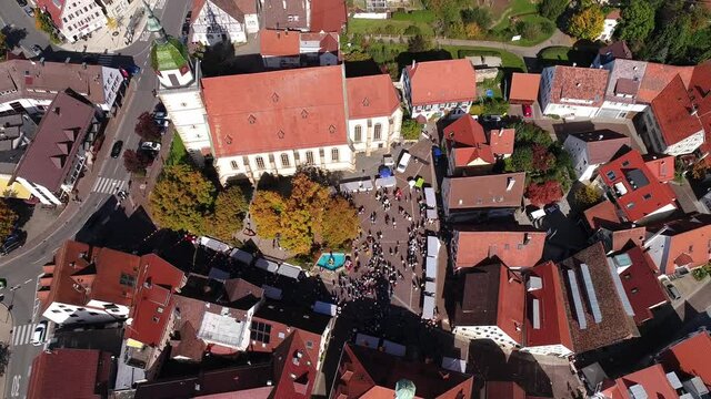 Aerial shot of marketplace during a festival in city Weilheim Teck Germany