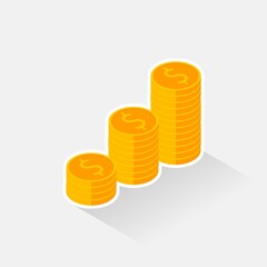 Gold coins stack White Stroke & Shadow icon vector isometric.