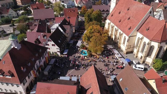 Aerial shot of marketplace during a festival in city Weilheim Teck